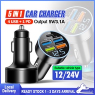 DC 12V-24V 66W QC3.0+PD 4 USB Port Smart Car Phone Charger Plug Fast Chargers  5 In 1 Digital Display Car Charger