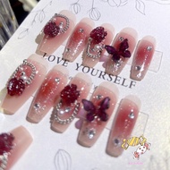 YADORNOS 24Pcs Burgundy Butterfly Blush Manicure - 3d Butterfly Chain Spray Painting Manicure Length