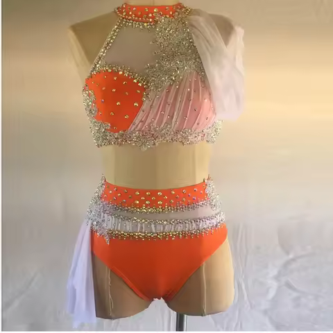 Orange Pole Dance Dress Suit Turtleneck Sleeveless Shiny Rhinestones Girls Competition Show BD1450