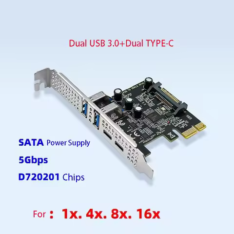 PCIE to USB 3.2 Gen1 5Gbps Expansion Card PCI Express 1x 4X 8X 16X Board 2 USB 2 Type C Extend Adapt