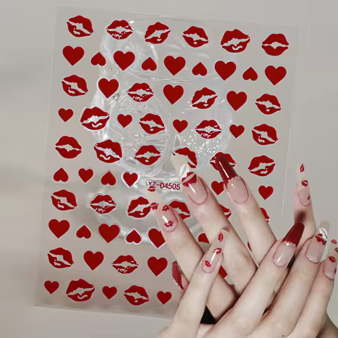 1Pcs Red/Pink 3D Love/Lip/Crown Nail Sticker Kiss Print Butterfly Flower Decals Romantic Valentine's