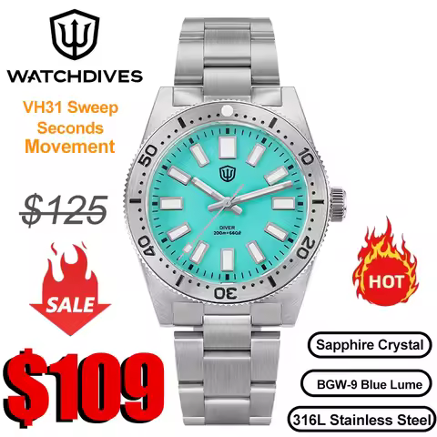 Watchdives WD1965 V2 Coral Blue Dail Watch VH31 Sweep Second Quartz Movement Luminous Sapphire Water