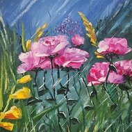 Roses in the rain Painting Oil on Canvas 15.7 W x 19.7 H x 0.7 D in