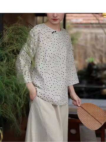 Linen Chinese Qipao Top Traditional Clothes Women Polka Dots Shirt