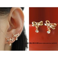 B2225 Rose Gold Laced-Up Bow Dangling Rhinestone Fine Stud Earrings Plated 14K Gold Hypoallergenic E
