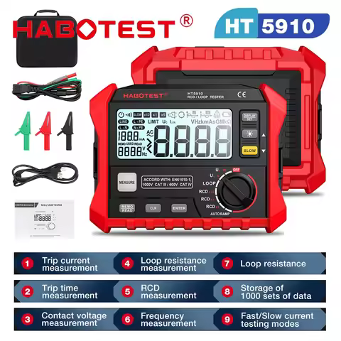 HABOTEST HT5910 Resistance Meter RCD Loop Tester Ohmmeter Loop Resistance RL Current Test Voltmeter 