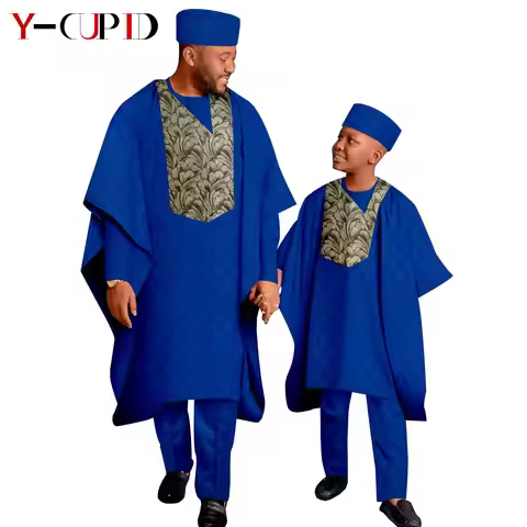African Clothes Matching Outfits Father and Son Top and Pant Robe Hat Sets Bazin Riche Men Agbada Da