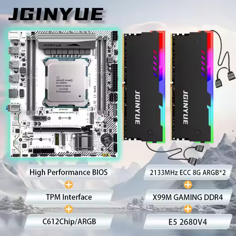 JGINYUE X99 Motherboard M-ATX combo E5 2680 V4 8GB*2 2133MHz DDR4 ECC RGB RAM kit bundle TPM interfa