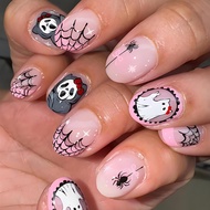 European American Halloween Pink Tone Sweet Cool Style Ghost Cob Web Wear Nails High-End Oval Manicu