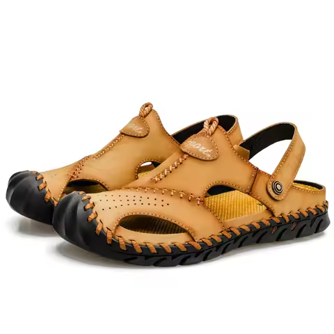 Men Full Grain Leather Hand Stitch Big Size Outdoor Beach Sandals Closed Toe Non Slip Comfort Summer