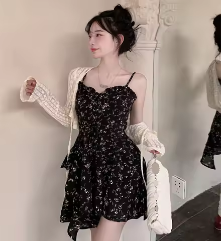 plus Size k Romantic Uneven Hem Chiffon Floral Print Strap Dr Two Piece Set Women's Faion Summer Dr 