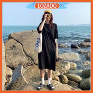 Lozado wide back dress with round neck design for women with chest pocket printed with letters on ba