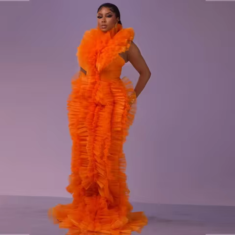 Orange Couture Prom Dress Off Shoulder Layered Long Prom Gowns Luxury Straight Customized Lush Prom 