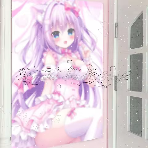やみかわいい Yami Kawaii Galgame Purple Cat Ear Maid Girl Wall Tapestry ハラジュク Harajuku Rorita Pink Bow Hea