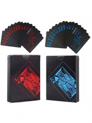 1對黑色耐用pvc防水塑料撲克牌,適用於家庭和戶外聚會