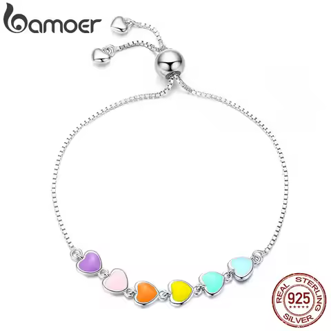 bamoer Rainbow Color Enamel Heart Bracelet for Women Heart-shape 925 Sterling Silver Chain Bracelet 