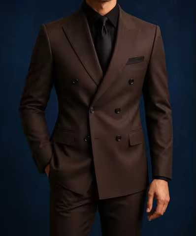 Vintage Men Suit 2 Piece Dark Coffee Brown Slim Fit Double Breasted Blazer Trousers Peak Lapel Forma