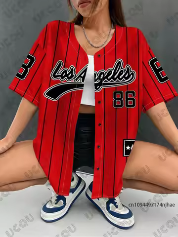 Summer New Red Los Angeles 86 Stripe Printed Streetwear Baseball Shirt For Women Men Hip Hop Blouse 