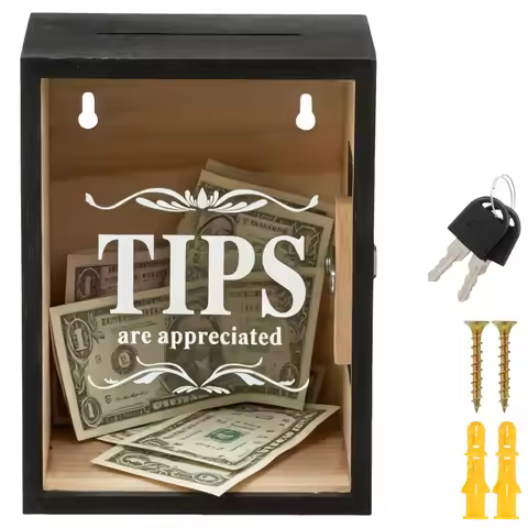 Lockable Wooden Tip Box with Acrylic Window Tip Jar with 2 Key 6x5x8 Inch Donation Box for Restauran