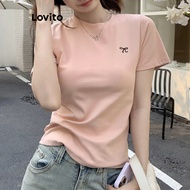 (Trendy) Lovito Casual T-Shirt Plain Embroidery Basic T-Shirt for Women L89MD075