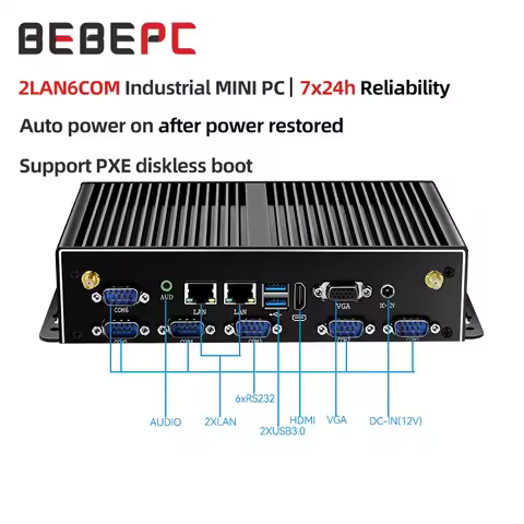 BEBEPC Fanless Industrial Mini PC i7-5500U 2xGigabit LAN 6xRS232 4xUSB3.0 2xUSB2. Support WiFi 4G LT