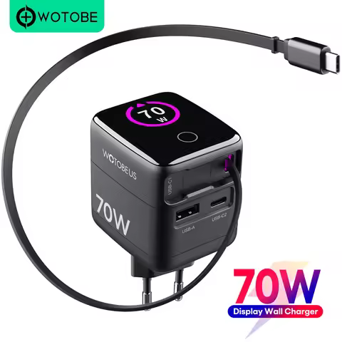 70W GaN Charger Visualization Window With Retractable USB C Cable Fast Charging PD 65W PPS QC5 For M