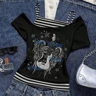 Casual Retro Punk Y2K Versatile Party Airport Outfit, Guitar Wing Rose English Letter Distressed Fad