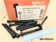 สกรูน็อตหัวจมดำ M6x60 (ราคาต่อแพ็คจำนวน 20 ตัว)ขนาด M6x60mm Grade : 12.9 Black Oxide BSF น็อตหัวจมดำหกเหลี่ยม แข็งได้มาตรฐาน