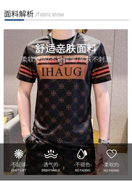 Yushu 2 Pcs ชายเสื้อยืดผ้าไหม2ชิ้น Slim เหยี่ยวดำการพิมพ์ Eagle หล่อเสื้อยืดลายเพชรลำลองผ้าไหมน้ำแข็