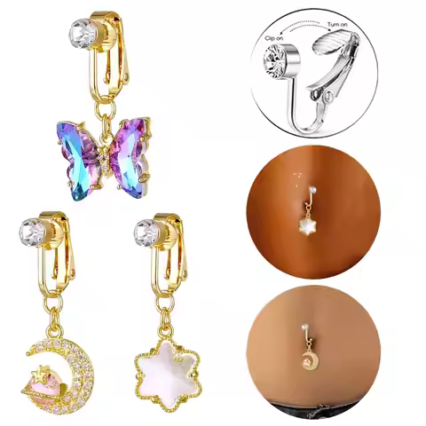 1PC Butterfly Water Drop Fake Belly Button Ring Crystal Clip For Women/Girl Rings Belly Piercing Bod