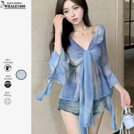 READY STOCK Glamorous Tie Dye Blouse Women Long Sleeve Blouse Contrast Mesh Frill Depan Atasan Party