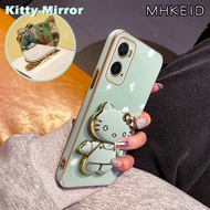 MHKEID Casing Ponsel untuk OPPO A36 A76 A96 A18 A38 A2x A98 5G A57 A77 2022 A57s A57e A58 A58x A78 A1X 5G Case Clever Hello Kitty mirror HP ponsel berdiri desain baru Plating lipat Kesing ponsel penuh penutup lensa kamera pelindung Casing