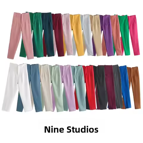 NINE ZAR High Waist Casual Pants for Women 35 Colors Pure Color Retro Cuffed Slim Fit Ladies Faion S