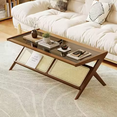22"D x 47"W x 17"H Rattan Coffee Table with Glass Top Mid-Century Modern Center Tablewith Storage fo