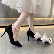 heels heels for women Flat Buckle Niche Pearl Suede Lace-Up High Heels