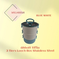 Abbott Tiffin 3Tiers Lunch Box Stainless Steel Blue White
