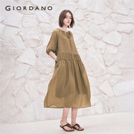 GIORDANO Women Dresses Tie V-Neck Lightweight Dresses Pleated Waist Elbow Length Raglan Sleeve Fashi