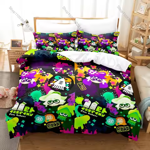 Splatoon Inkling Squid Bedding Set, Duvet Cover & 2 Pillowcases, Colorful Squid Design Breathable Fa