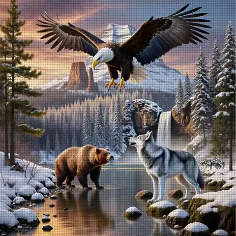 Bald Eagle Brown Bear Grey Wolf Snowy Mountain Waterfall Forest Full Drill Diamond Painting Decor