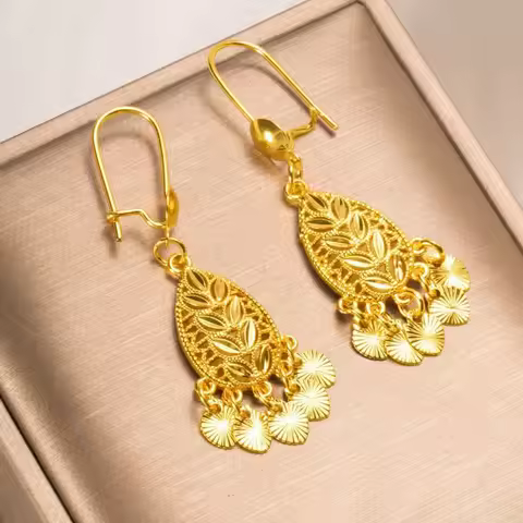 24K Pure Gold AU999 Leaf Tassel Earrings, Swaying Gracefully To Showcase Feminine Charm And Exude El