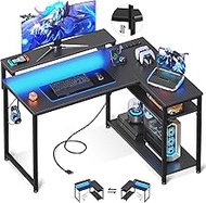 MOTPK L Shaped Gaming Desk with Power Outlet, Small Gaming Desk with LED Lights, Computer Desk 43inch with Monitor Stand, Home Office Desk, Black