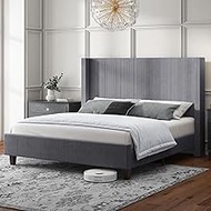 HOWE King Size Upholstered Platform Bed Frame, Wingback Bed with 50.8" Headboard, Corduroy/Solid Wood Leg/No Box Spring Needed/Noise Free/Grey