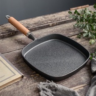 Cast iron wooden handle frying pan, striped steak pot, cast iron flat bottomed pan, thickened pure cast iron pan, for frying steak