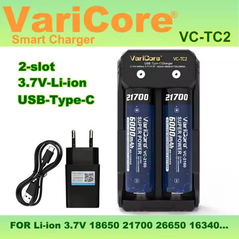 VariCore TC2 2-slot Intelligent Battery Charger Portable for 3.7V Lithium 18650 26650 21700 18500 18