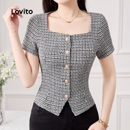 Lovito Elegant Blouse Button Spring/summer Black Blouse for Women L150ED209