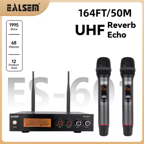 EALSEM 601 UHF Dual Channel Metal Dynamic Microphone,Receiver With Adjustable Reverberation, Echo,Fo