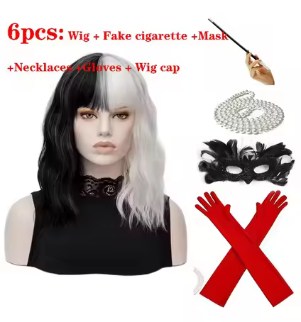 2023 New Cruella Deville De Vil White Black Wig for Deville Hair Short Curly Wavy Heat Resistant Cos