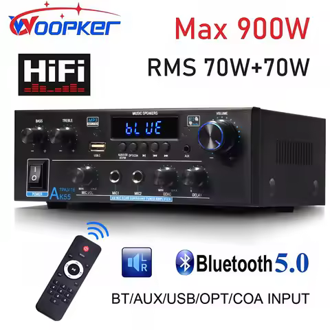 Woopker Amplifier AK55 900W Max 2.0 Channel Rated 70W+70W Bluetooth Audio Hifi AMP Karaoke Music Pla