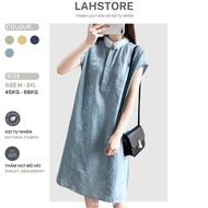 LAHSTORE straight linen dress with chiffon shirt collar and embossed sleeves DS32 (Blue, Yellow, Nav
