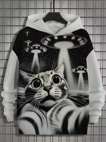 Fun Japanese Harajuku fashion men's hoodie casual y2k hoodie men's autumn and winter kitten planet p